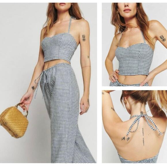 Reformation Tops - Reformation Jaida Linen Halter Crop Top Smocked Back Slate Checks - Size L